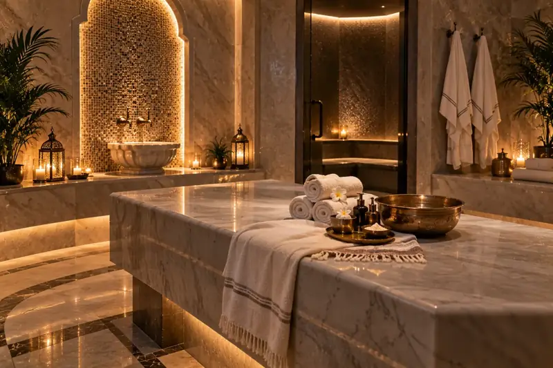 Marble hammam room for Moroccan bath at Fiona Spa JVC
